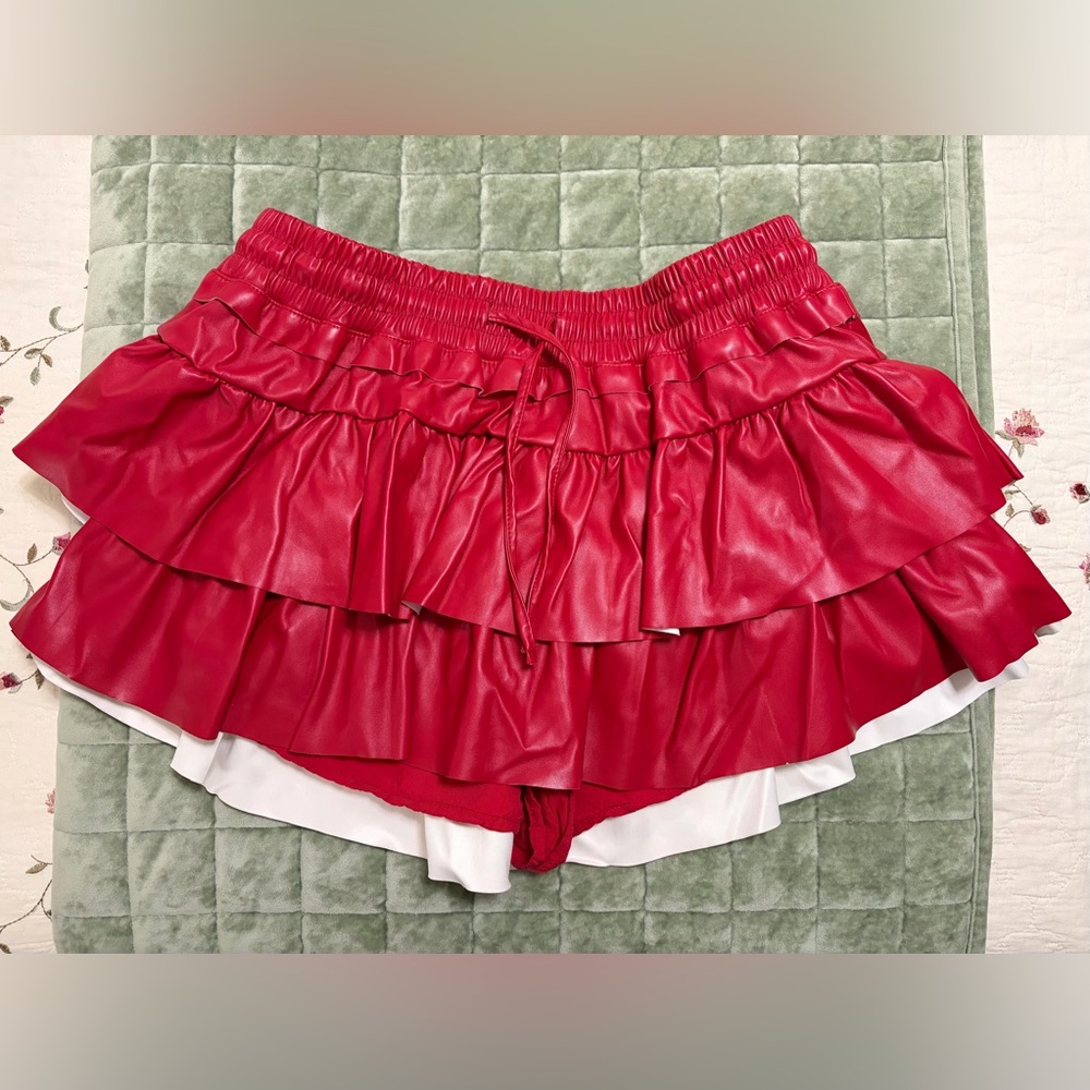 Day + Moon Red Ruffle Leather Skirt. Women’s Size L